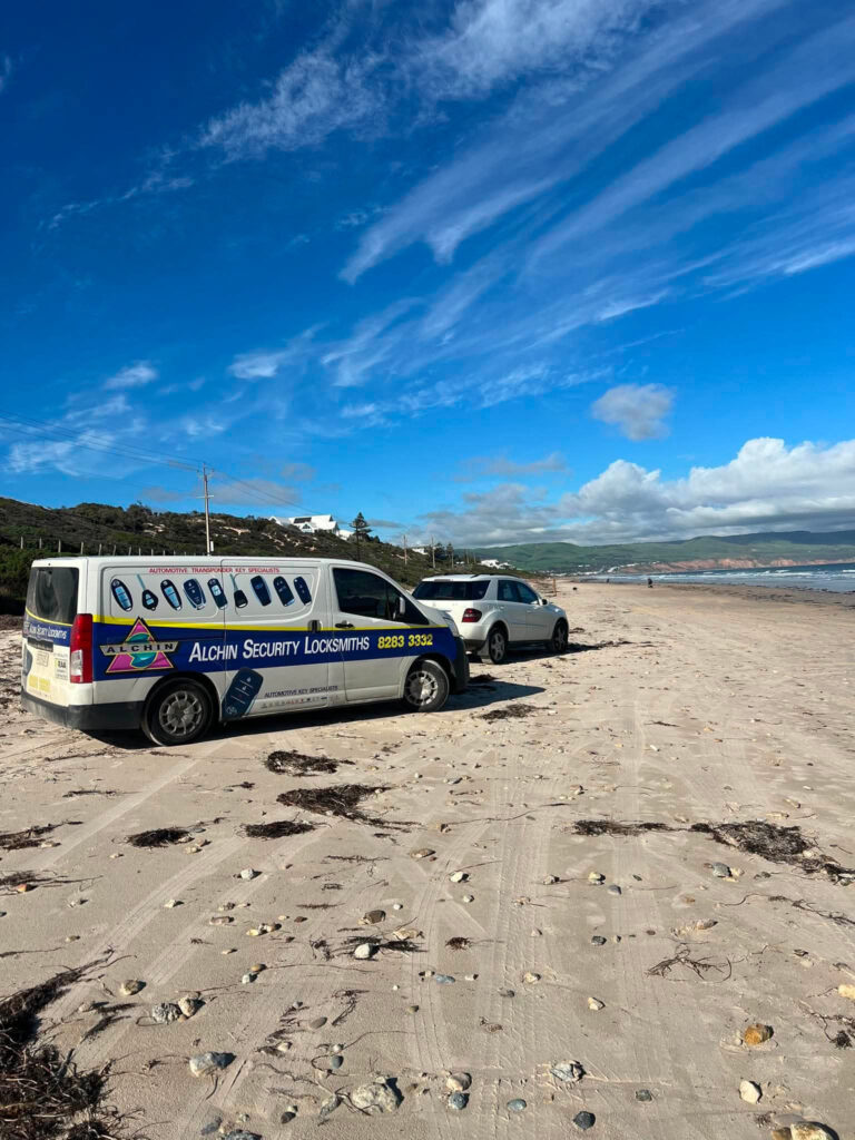 Alchin Locksmiths mobile van on the sand at an Adelaide beach after a callout
